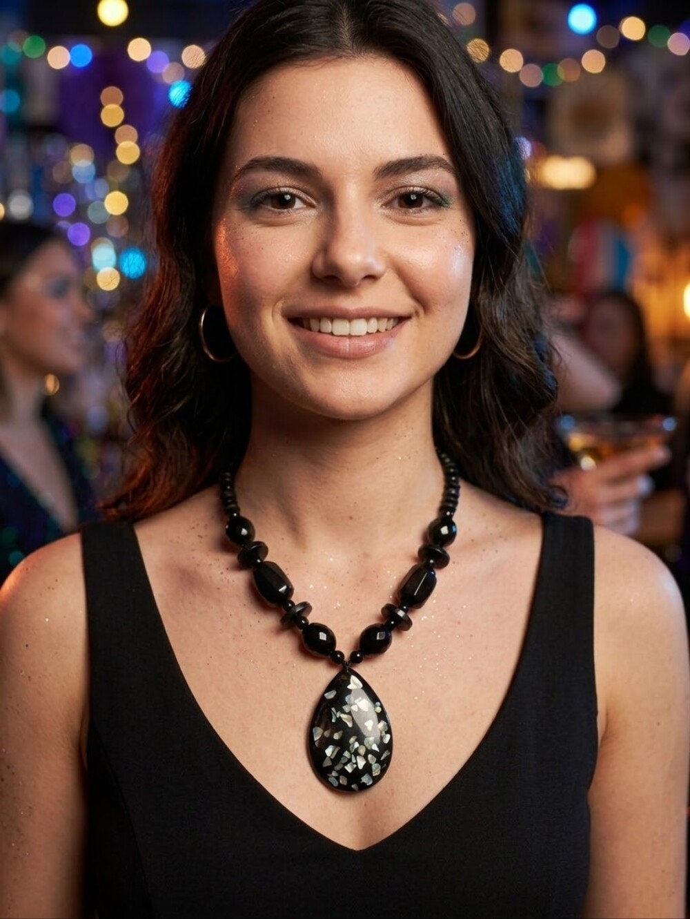 Vintage Style Black Statement Necklace with Inlaid Teardrop Pendant